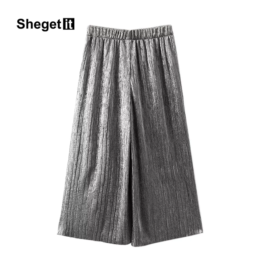 Shegetit элегантные блестящие плиссированные Широкие брюки Для женщин Мотобрюки