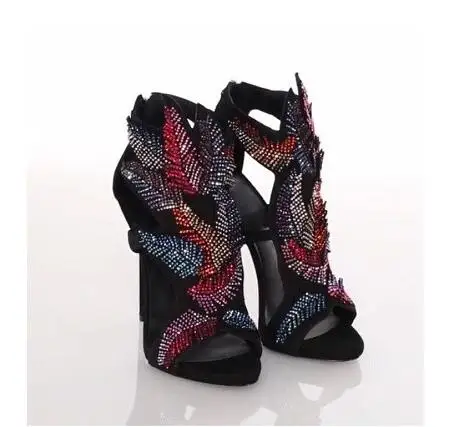 2016 Новые Марка Многоцветный Кристаллы Лист Замши Сандалии Назад молния Пятки