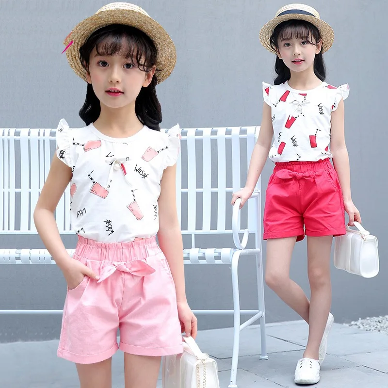 Girls Sets summer 2019 new short-sleeved t-shirt shorts suit big children short sleeve 3-12 years old children's clothing | Мать и