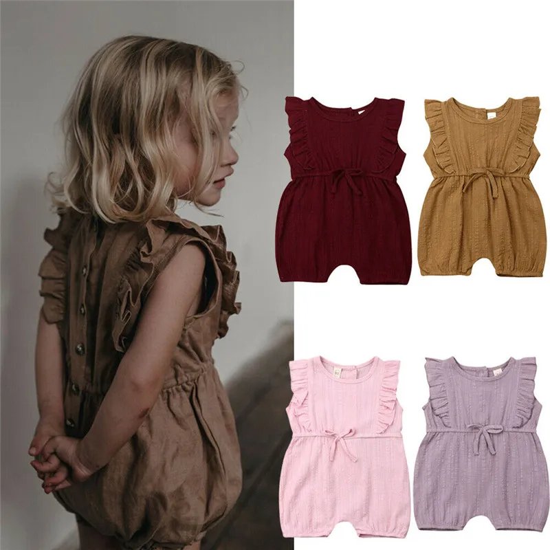 

Summer Newborn Toddler Baby Girls Clothes Ruffle solid bow sleeveless Romper round neck kids cotton lovely Jumpsuit one pieces