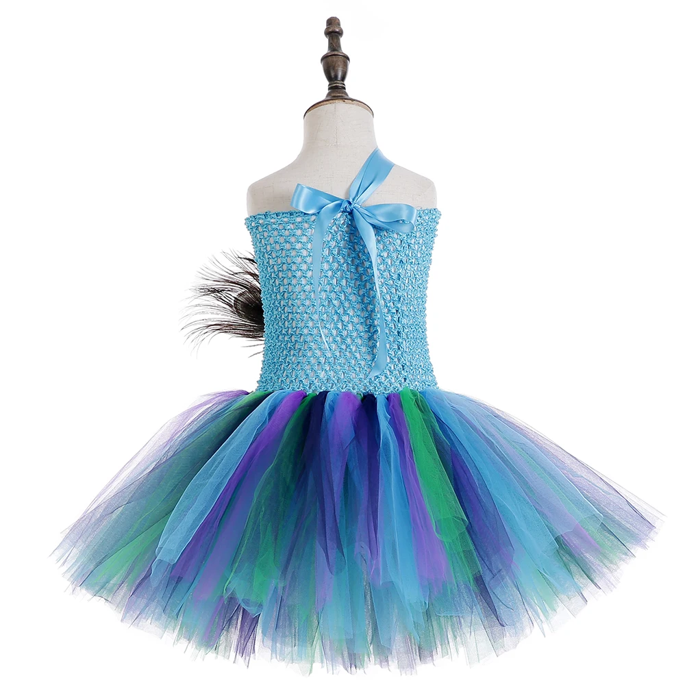 Peacock Tutu Dress Baby Girl Knee Length One Shoulder Feather Flower Wedding Birthday Party Dresses Children Animal Clothes Set | Детская