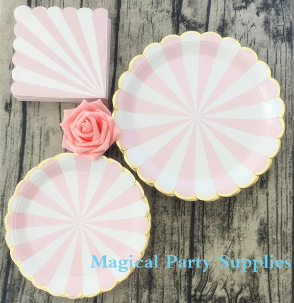 Набор из 16 румян розовые и золотые бумажные стаканчики волнистая фольга тарелки