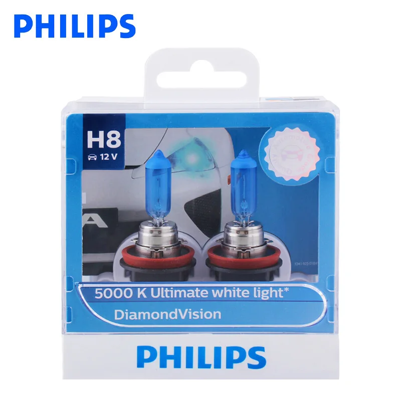 

Philips H8 12V 35W Diamond Vision 5000K Xenon Super White Fog Light Halogen Bulbs Car Lamps PGJ19-1 12360DV S2, Pair