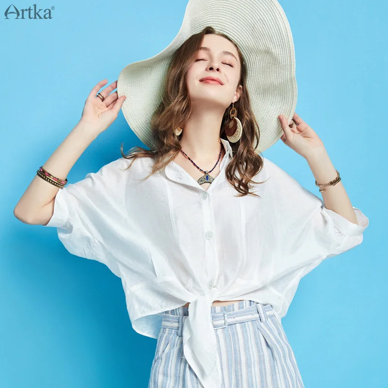 ARTKA 2019 Summer Women White Shirt Fashion Casual Special Design Loose Short Shirt Turn-down Collar Nylon Blouse SA10096C