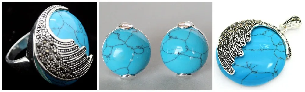 

Vintage Blue Turquoise 925 Sterling Silver Marcasite Ring (#7-10) pendant and earrings sets 04
