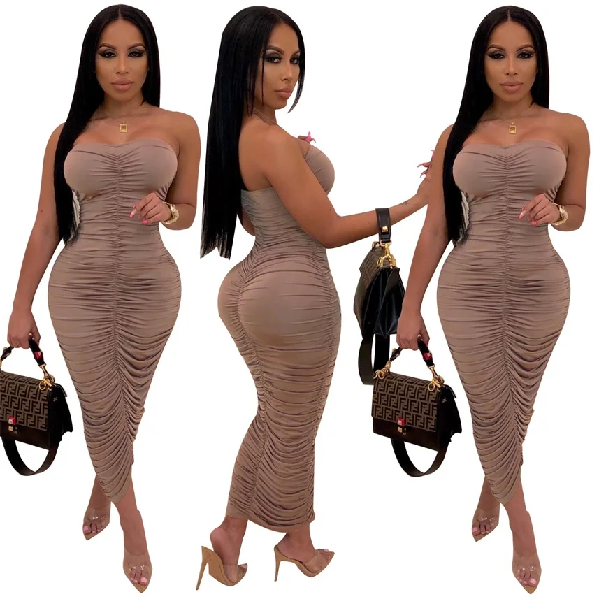 Элегантные пикантные bodycon женщины рукавов без бретелек Оболочка Твердые ruched лето длинное платье vestidos роковой