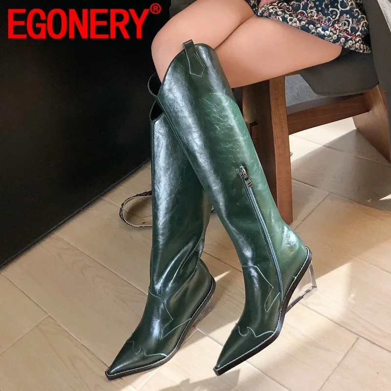 

EGONERY/Женская обувь; сезон осень; Новинка; модные пикантные сапоги до колена из натуральной кожи с острым носком; обувь на высоком каблуке; Пря...