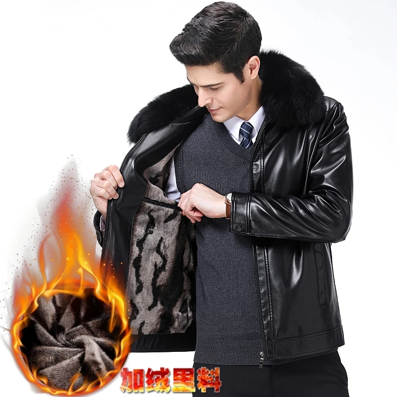

Leather jacket Russian winter Rabbit fur collar mens new men faux sheepskin jackets and coats for business man casual Parka