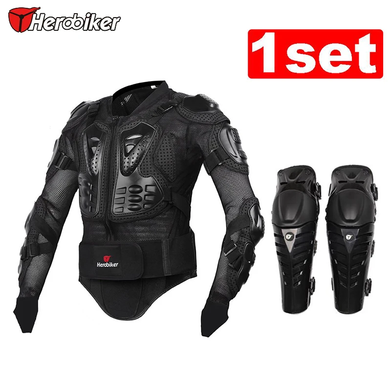 HEROBIKER мотоцикл броня защита мотокросса одежда куртка+ защитный мотоцикл наколенник защита мотоцикла - Цвет: Черный