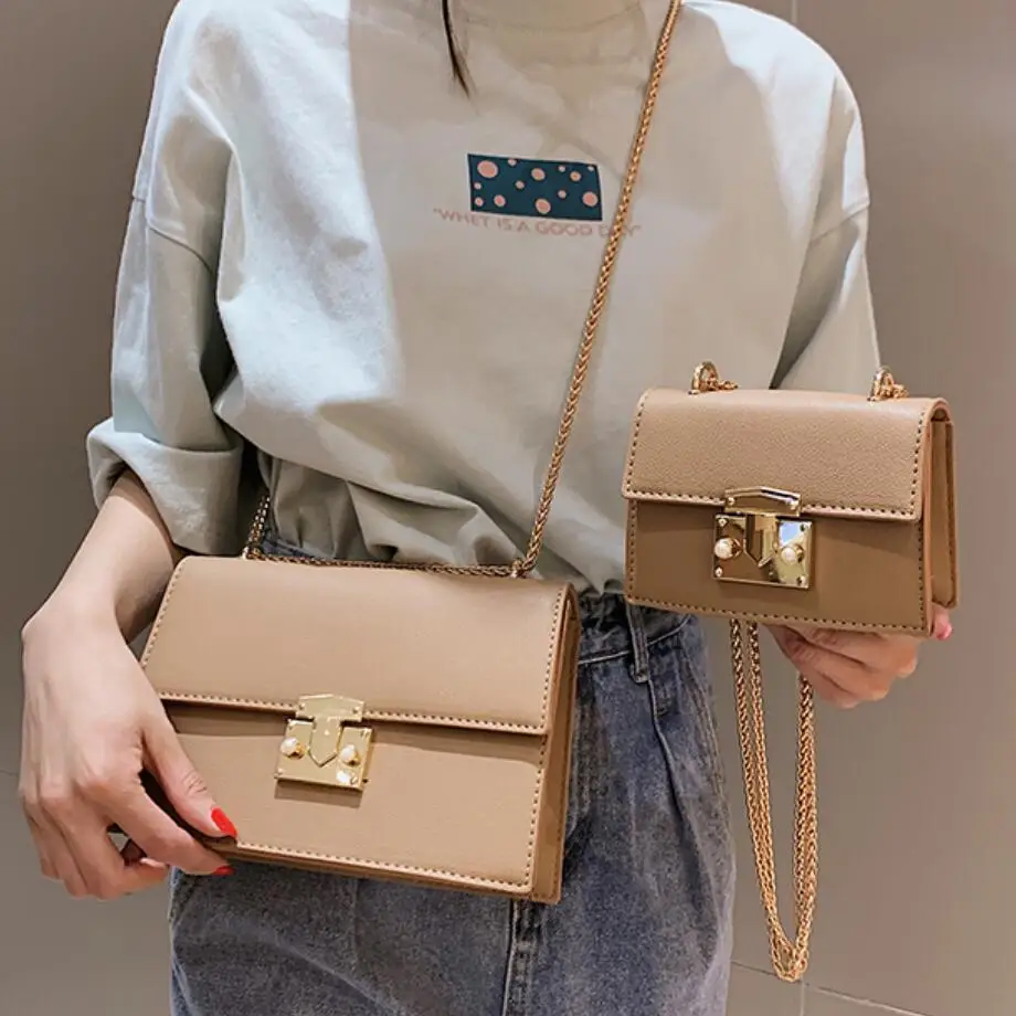 2 bags Khaki Элегантная Женская Повседневная квадратная сумка летняя новая качественная кожаная женская дизайнерская сумка с цепочкой - Цвет: 2 bags Khaki