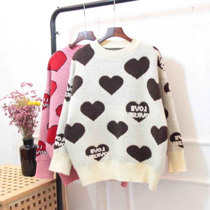 Harajuku sweater women Sweet heart love contrast color block letters autumn winter multicolored pink knit warm pullovers DY343 | Женская