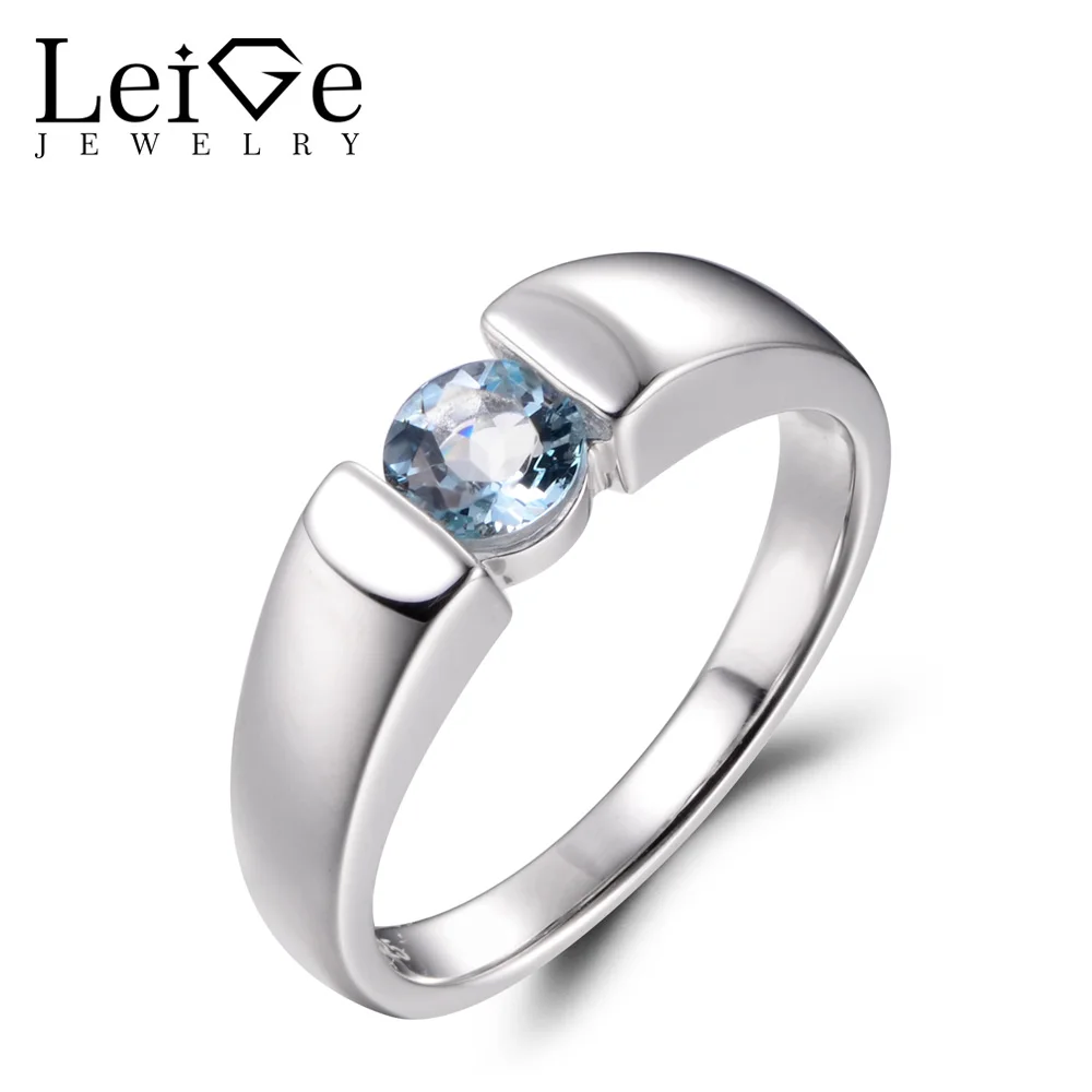 

LeiGe Jewelry Natural Aquamarine Proposal Rings Round Cut Blue Stone Ring March Birthstone Real 925 Sterling Silver Simple Rings