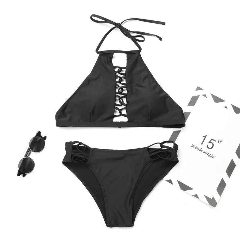 Lefeel Hollow Top Swimwear 2019 Solid Mesh Sexy Bandage Bathing Suit Bikinis Women Backless Swimsuit Female Beachwear Biquini |