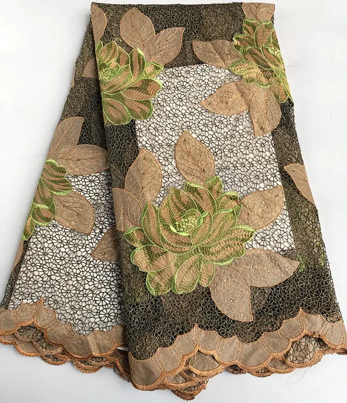 Dark gold Brown Гипюровое кружево с маленькими ушками, большая Цветочная вышивка, африканская кружевная ткань с камнями, 5 ярдов за штуку - Цвет: Dark gold Brown
