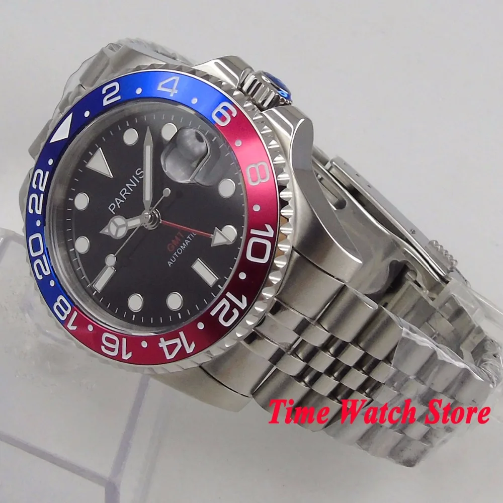 Роскошные мужские часы Parnis 40 мм GMT 3804 автоматические с сапфировым стеклом