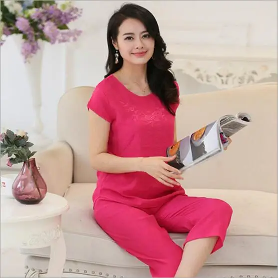 XL, XXL, 3XL, летняя Новинка, женские пижамы размера плюс, комплект одежды для сна, пижама с коротким рукавом для женщин, комплекты пижам из хлопка и льна, Q525