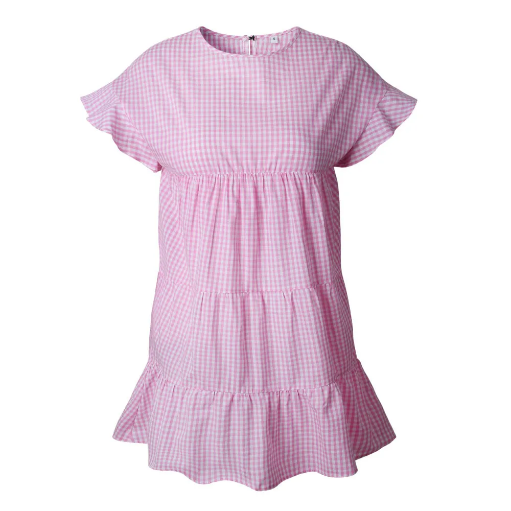 Повседневное женское летнее платье мини в клеточку с принтом и коротким рукавом