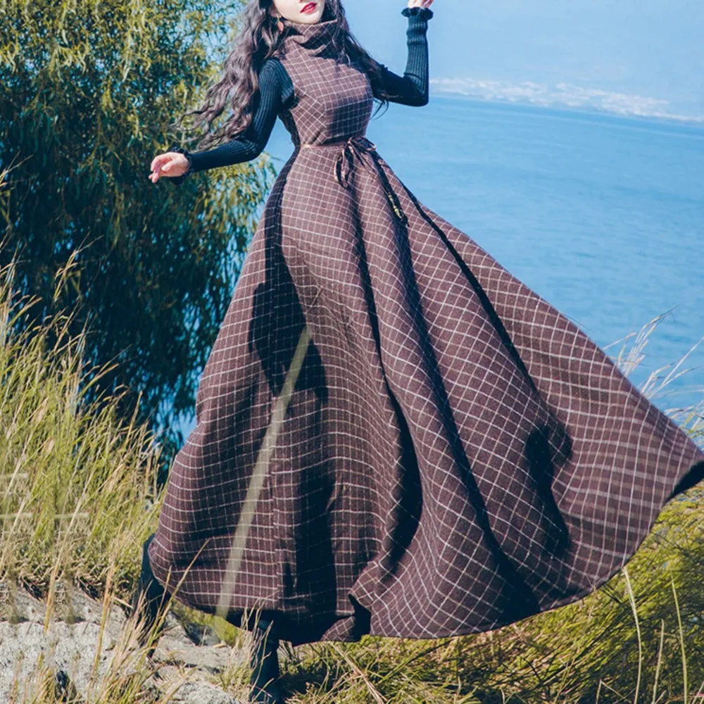 Модный винтажный костюм Женское шерстяное клетчатое свободное макси платье