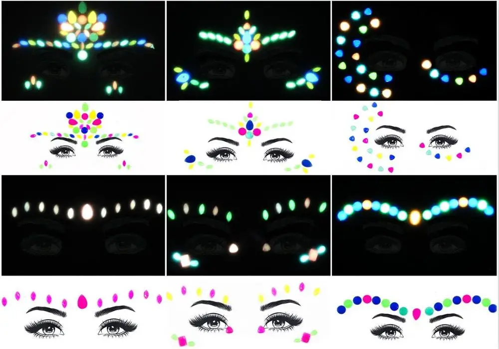 Type3 Luminous 6pcs 6 шт. временные Стразы, блестящие тату-наклейки, украшения для лица, драгоценные камни, праздничные вечерние украшения для макияжа, украшения для тела, блестящая кристальная палочка для лица - Цвет: Type3 Luminous 6pcs