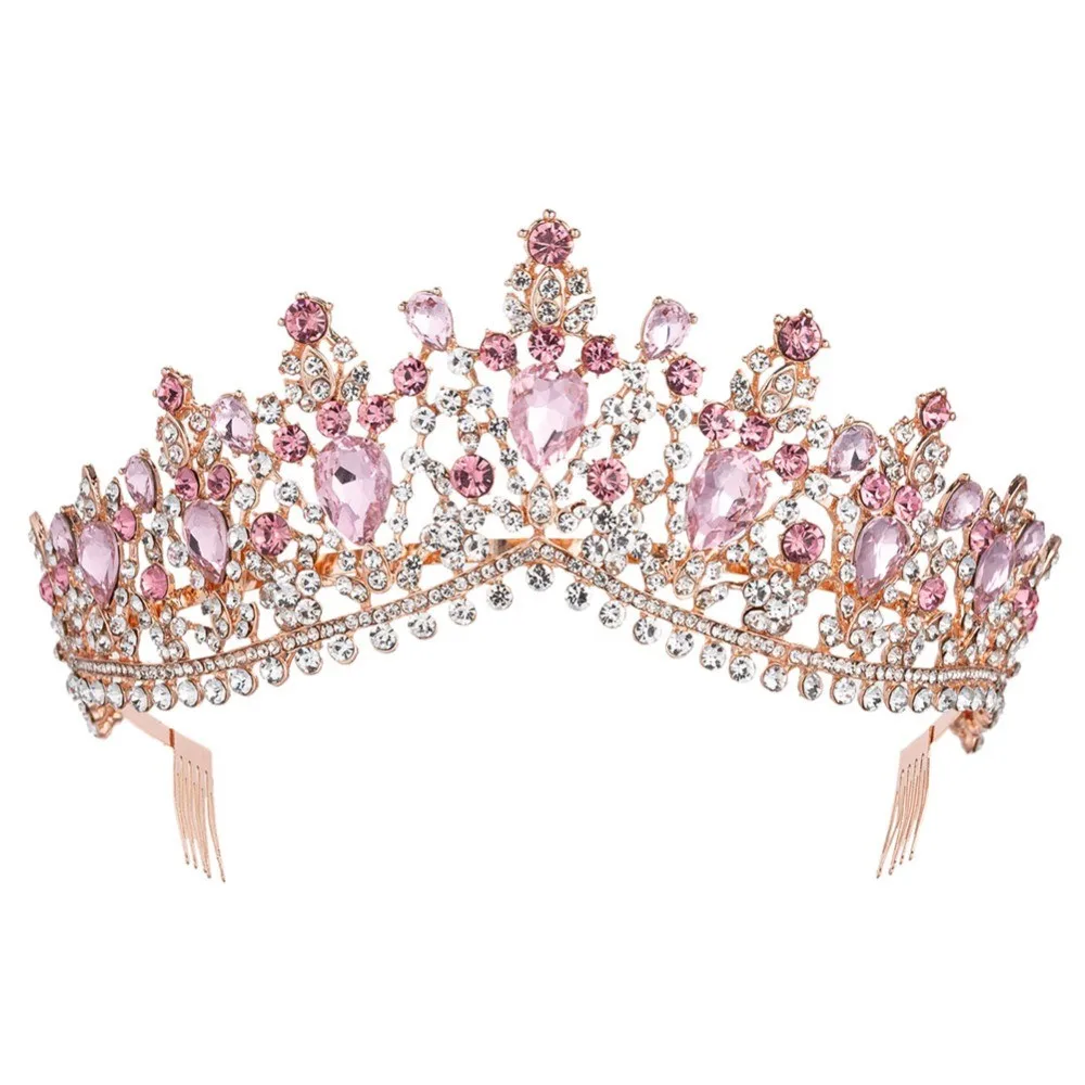Rose Pink With Comb В стиле барокко, розовое золото, розовый Тиара с кристаллами для невесты короны с гребень для костюмированного бала Вуаль со стразами тиара свадебный ободок для волос аксессуары - Окраска металла: Rose Pink With Comb
