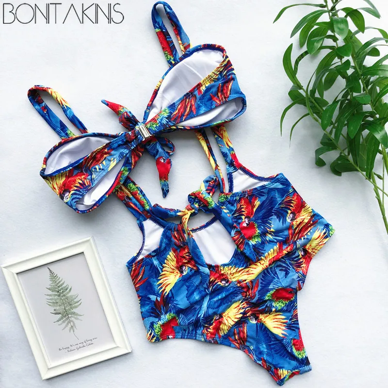 Bonitakinis с фруктовым принтом 2019 бандажные бикини обёрточная грудь купальный костюм