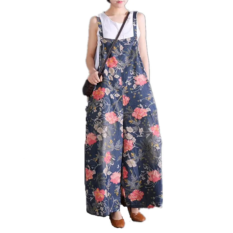 

2019 Summer New Woman Plus Size Floral Print Vintage Denim Overall Jumpsuit Spaghetti Strap Casual Loose Wide Leg Pants Rompers