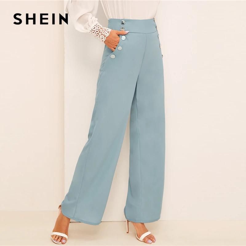 Женские широкие брюки SHEIN однотонные синие винтажные свободные с эластичной