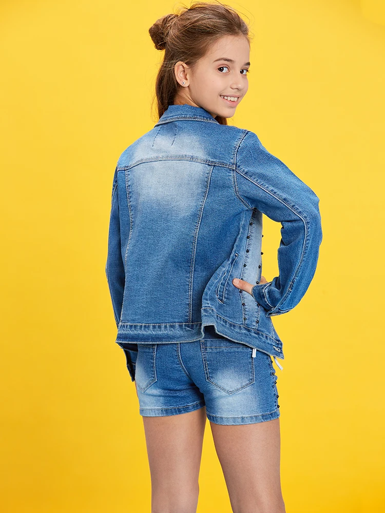 GLO-STORY Новые девочки Заклепки отложной воротник джинсовые куртки верхняя одежда