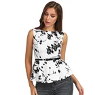 Женская блузка с цветочным принтом, без рукавов, с глубоким круглым вырезом и поясом, топы с баской на подоле, винтажная облегающая элегантная офисная рубашка для вечерние, новинка