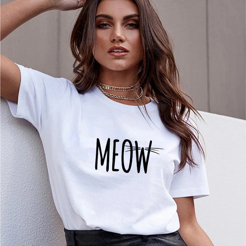 Футболка LUSLOS MEOW женская с надписью Повседневная рубашка круглым вырезом милый
