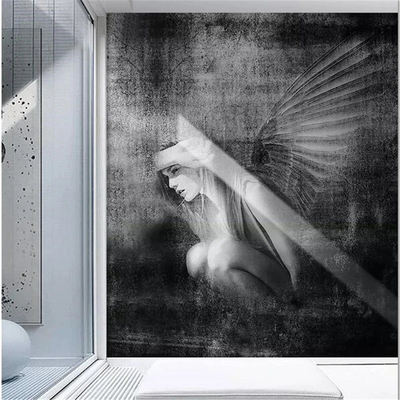 

beibehang Custom wallpaper 3d photo mural European creative nostalgic black and white angel nude beauty back view 3d wallpaper