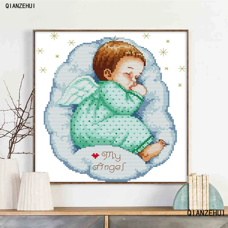 QIANZEHUI Needlework DIY characters Asleep angel boy and girl baby Cross stitch Sets For Embroidery kits Cross-Stitch Wall Decro | Дом и сад