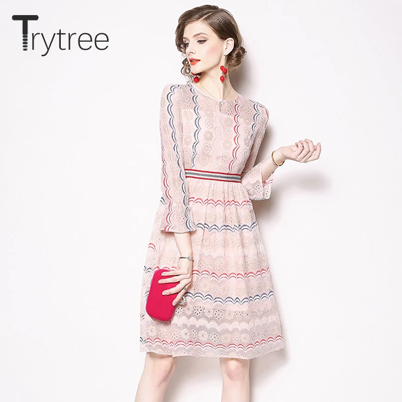 Женское кружевное платье в полоску Trytree повседневное розовое трапециевидной