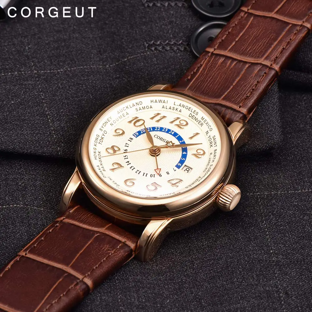 Роскошные брендовые механические часы Corgeut модные кожаные с двойным часовым