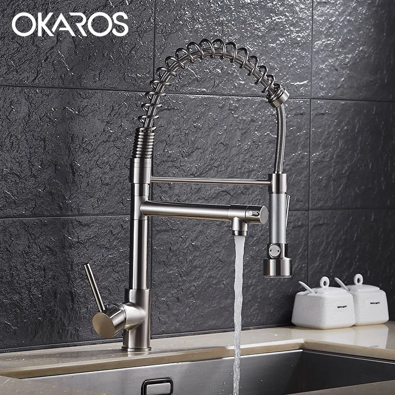 Кухонный кран OKAROS Выдвижной двойной распылитель хромированная латунь