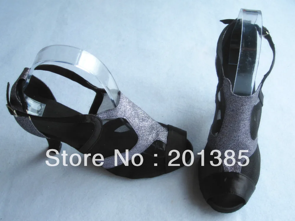 Женские туфли для латиноамериканских танцев черные серебристого цвета с