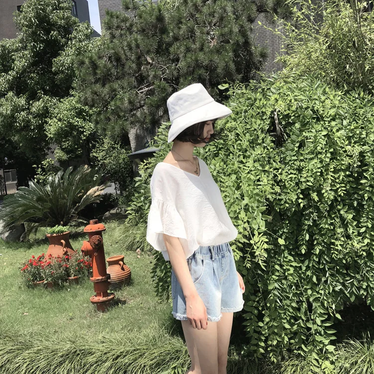 OPZC Summer New Korean Version of The 2018 Simple Solid V-neck Loose Doll Shirt Women's 878 |