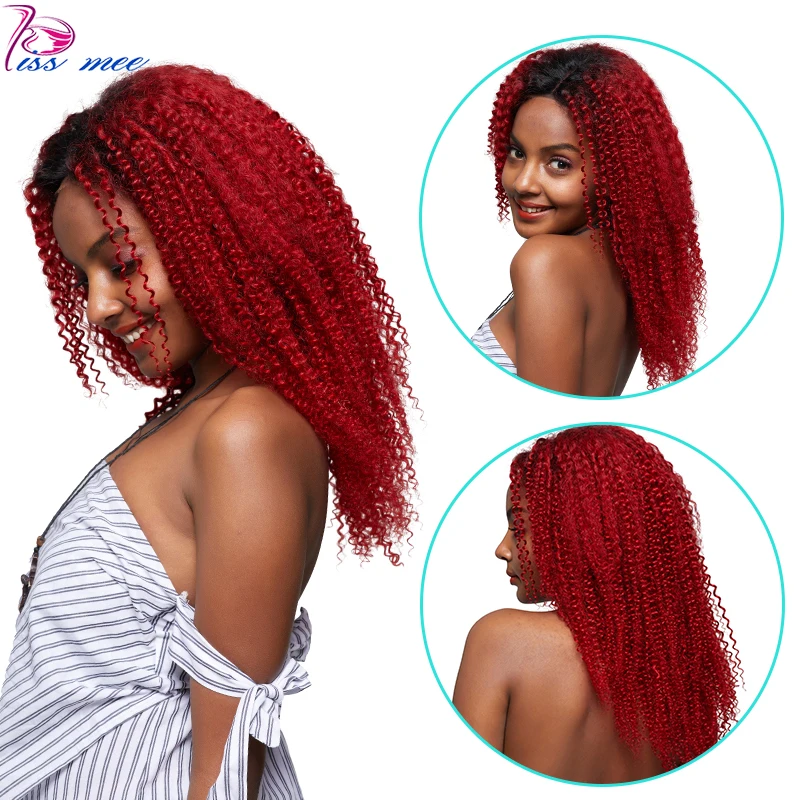 Kiss Mee T1B Red Lace Front Wig Curly Human Hair Laced Remy Dark Root Ombre Brazilian Kinky For Black Women | Шиньоны и парики