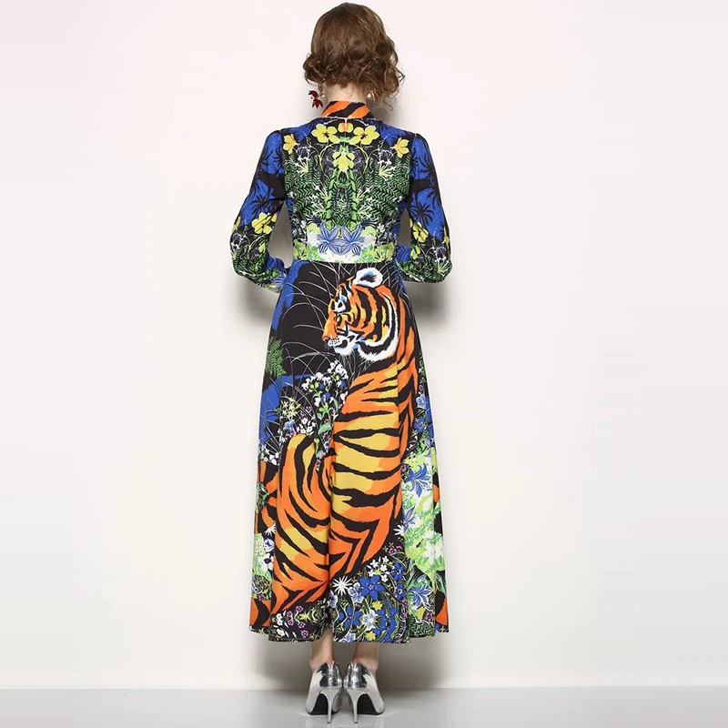 2018 Summer Women O Neck With Bow Tie Dress Vintage Long Sleeve Tiger Printing Dresses Vestidos de festa Female Brand Clothing | Женская