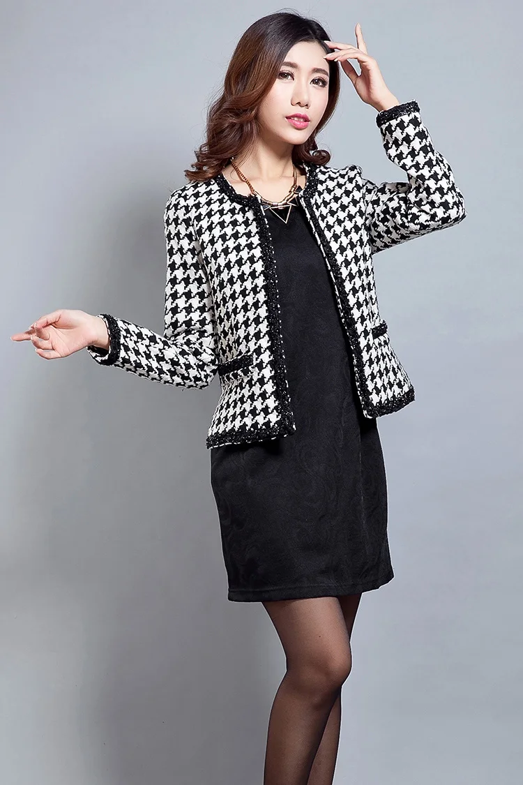 

spring autumn women's houndstooth woolen blends short jackets Plus size OL wool outerwears