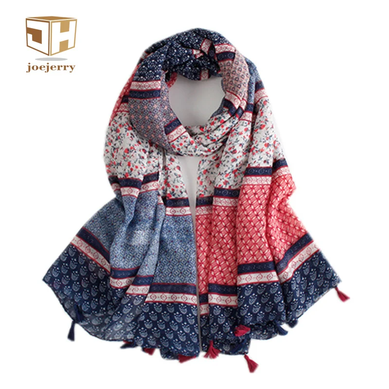 

JOEJERRY Ethnic Scarves Women Cotton Linen Scarf Floral Pashmina Shawls China Tassels Printed Scarf For Travelling Beach