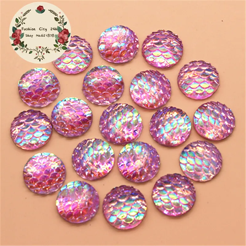 

100PCS 12mm Bling Pink AB Fish Scale Pattern Flatback Resin Cabochon DIY Decorative Craft Scrapbooking