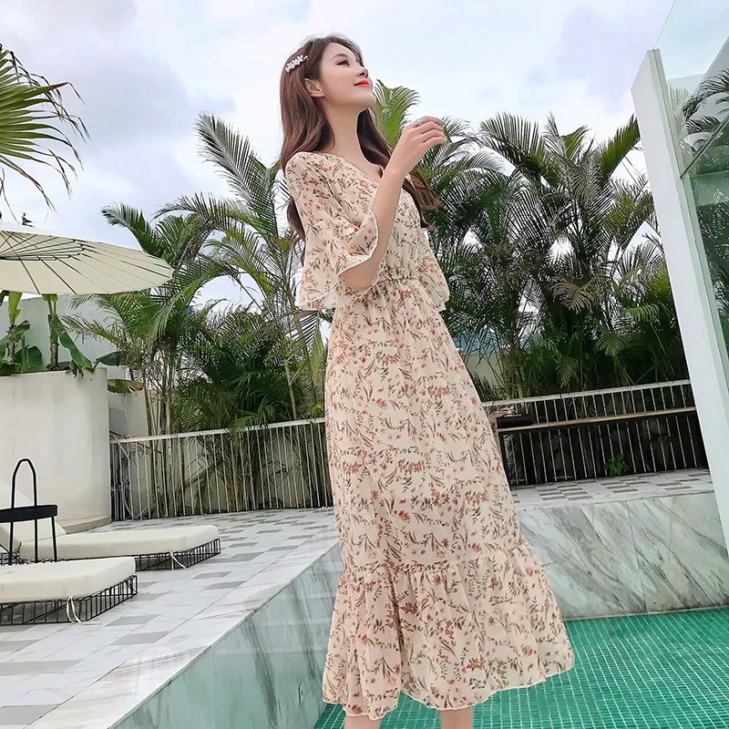 2019 New Vintage Sweet Loose Casual Medium-length Dress Summer Apricot Short Sleeve Print Bohemian Chiffon Women 4924 50 | Женская
