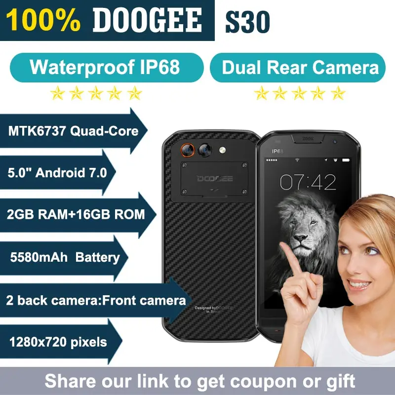 DOOGEE S30 смартфон IP68 Водонепроницаемая двойная задняя камера 5580 мАч 5 0 &quotHD MTK6737 Android