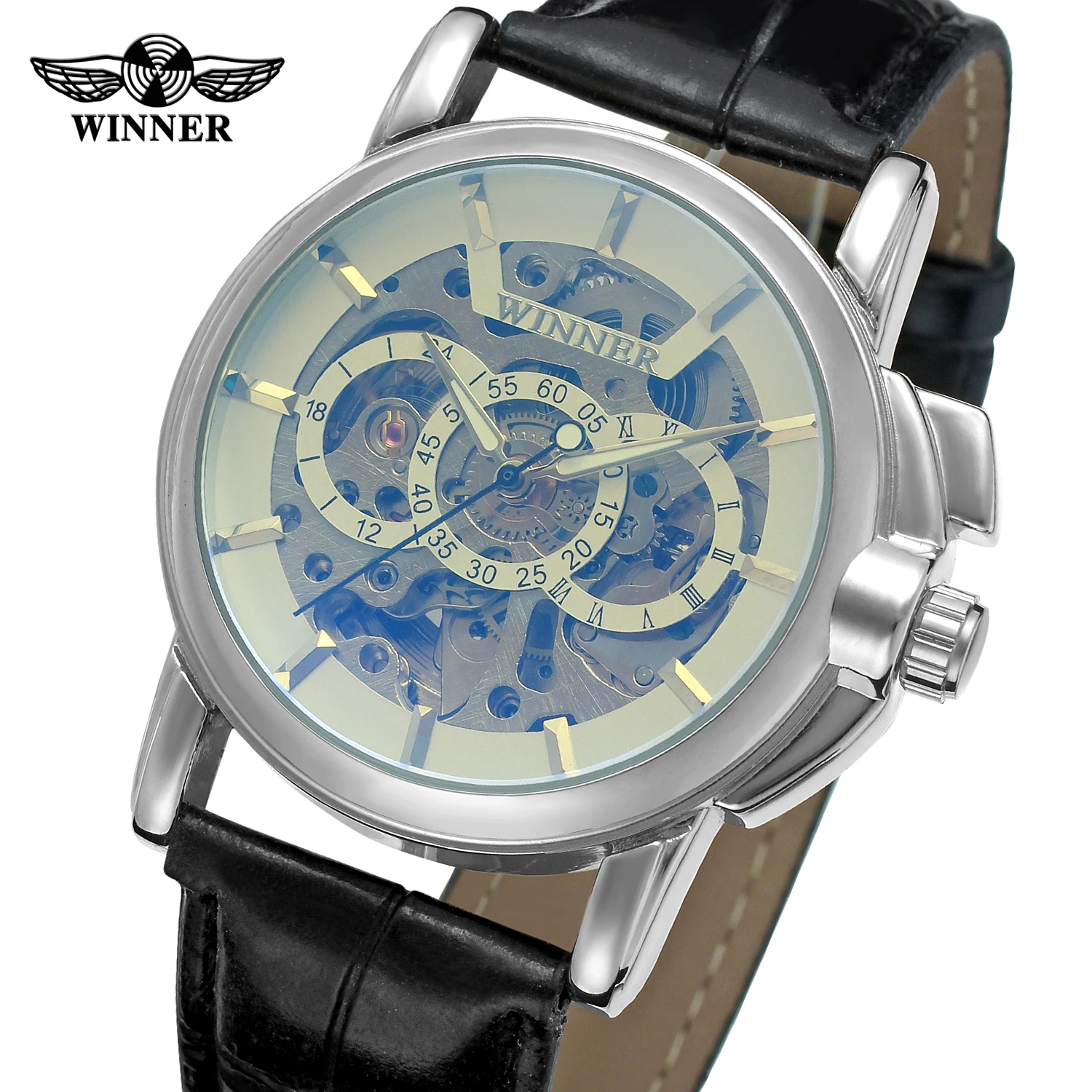 Часы наручные Winner Мужские механические брендовые роскошные золотистые с кожаным