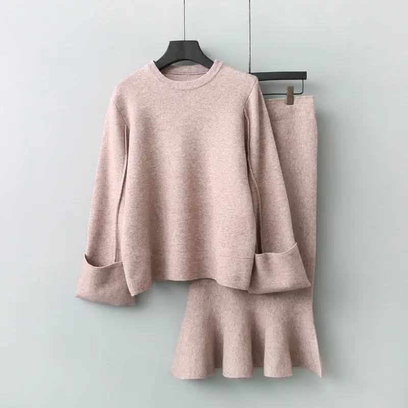 Autumn Jumper Sweater Women Office Elegant Knitted Pullover + Pencil Skirt 2pcs Suits Tops And Long Skirts Sets C3674 | Женская одежда