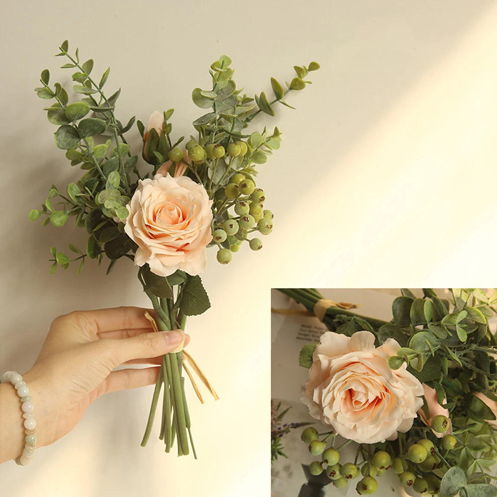 1 голова+ 2 бутоны/шт шелк DIY искусственная Роза ручной работы цветок эвкалипта Листья Свадебный букет Свадебный дом Декоративные искусственные цветы