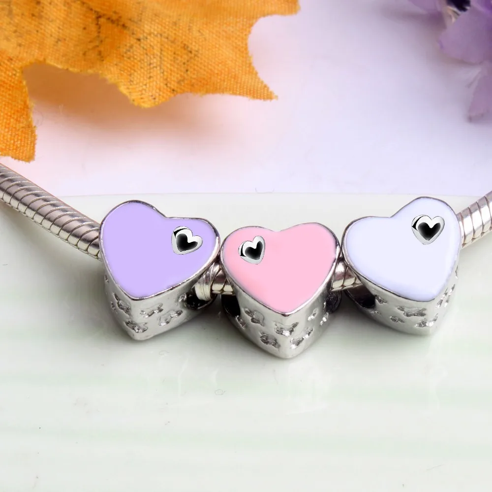 5PCS Zinc Alloy Love Bead Silver Plated Heart Shape Pink White Purple Enamel Beads Fit DIY Bracelet Jewelry Valentine's Day GIFT |