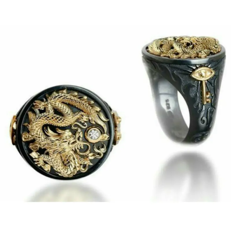 

LETAPI 2021 Gold Black Ring Gold Dragon With CZ Stone Ball Male Ring Vintage Punk Finger Ring Jewelry For Men