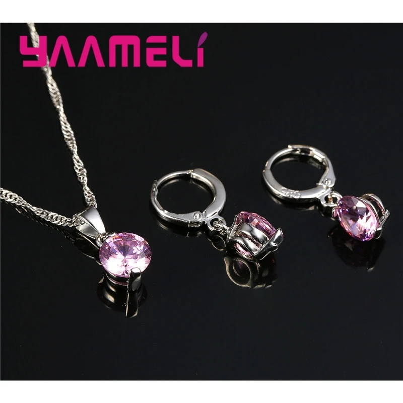 

New Arrivals High Quality Real 925 Sterling Silver Round Crystals CZ Pendant Necklace Earrings Women Jewelry Sets